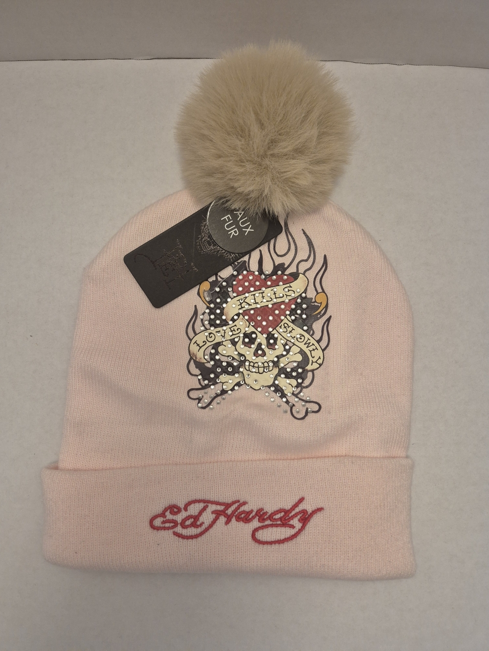 Ed Hardy  Light Pink Beanie with Beige Faux Fur Pom